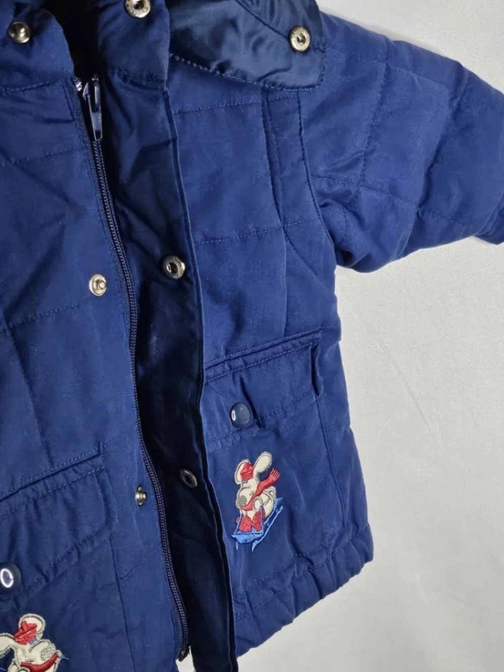 VTG Kids N Fun Navy Blue Snap Front Removable Hoodie Quilted Jacket Dog Sled 12M